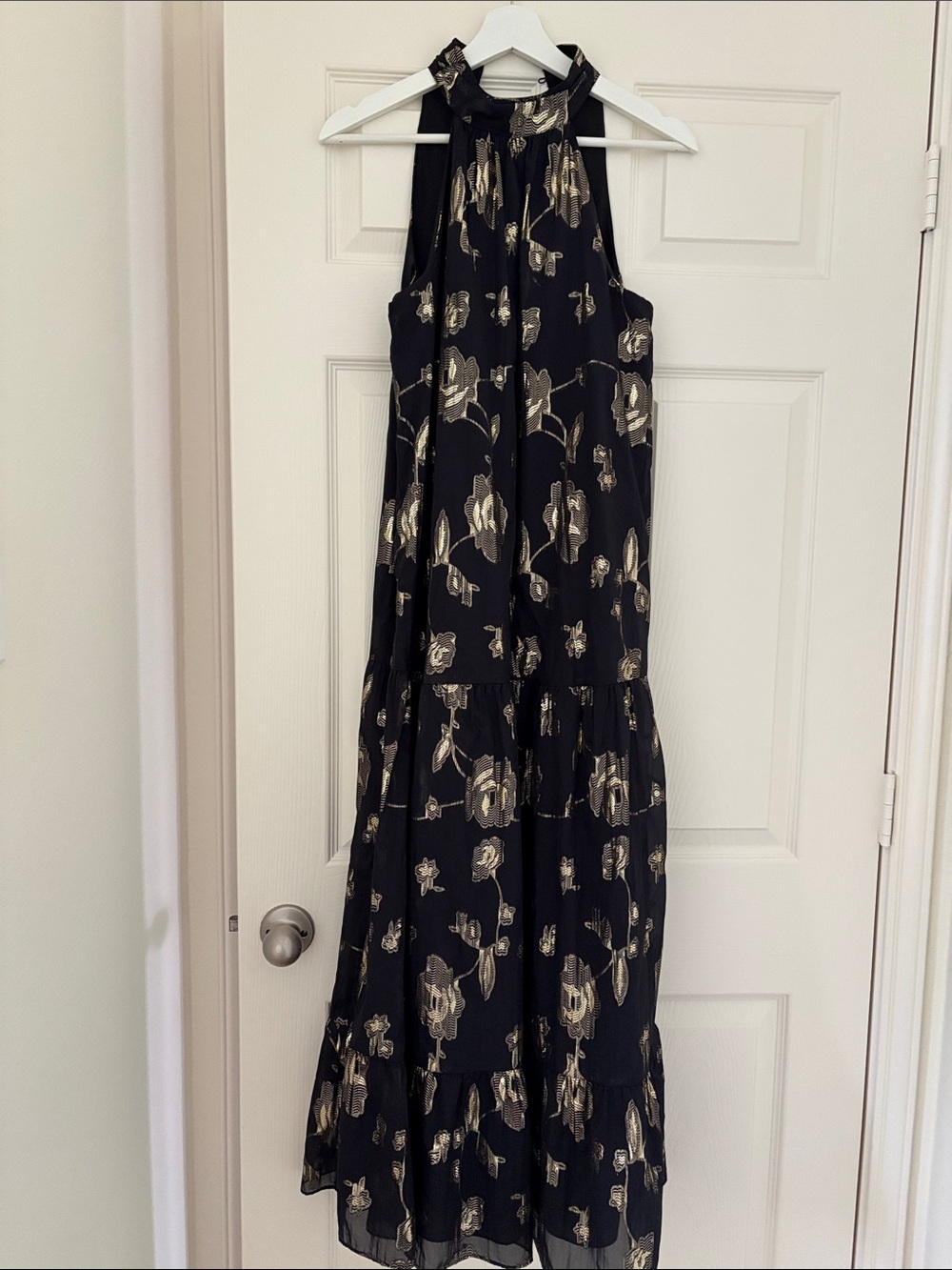 Express Black Floral Halter Maxi Dress with Gold Accents size XS nwt